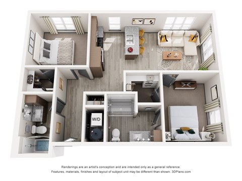 Floor plan for 2 beds, 2 baths, 952 sqft